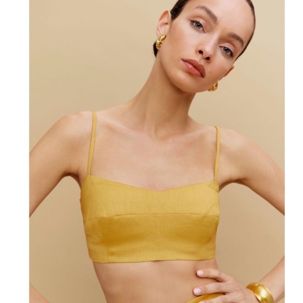 REFORMATION Yellow Linen Square Neck Sleeveless Cropped Top Sz 10